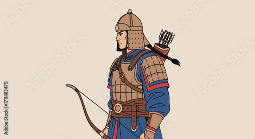 Illustration of a Medieval Warrior Archer in Full Armor, Ready for Battle, Depicting Historical Warfare and Ancient Military Tactics for Educational and Creative Projects