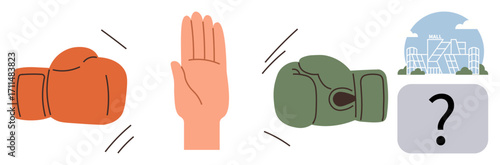 Red boxing glove, raised hand stopping green glove, question mark with cityscape. Ideal for conflict management, decision-making, negotiation, teamwork, problem-solving, urban challenges simple flat