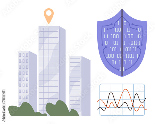 High-rise buildings with location marker, shield with binary code, and fluctuating data graph. Ideal for cybersecurity, data protection, urban security, analytics, technology, innovation risk