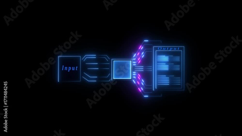 Depiction of Simple of input Workflow with Ai and made the output which are desired neon on black background.Automate daily Tasks Smart AI solutions improve repetitive work.4k animation video..