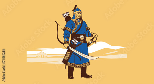Mongolian Warrior Illustration Featuring Traditional Attire and Weapons Depicting Historical Figures and Cultural Heritage for Educational and Creative Projects