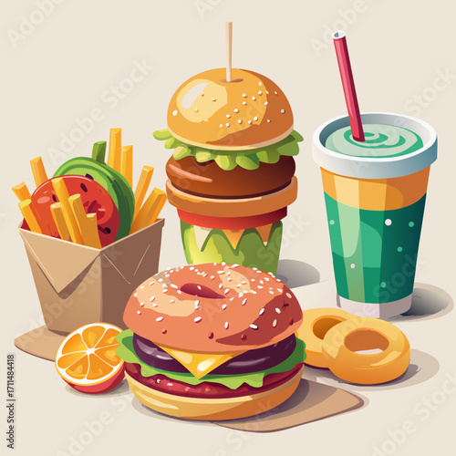 A colorful and appetizing vector illustration of a fast food meal, with burgers, fries, and a drink, inviting indulgence