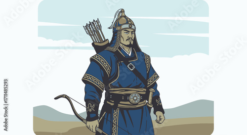 Mongolian Warrior Illustration Featuring Archery Equipment and Traditional Clothing, Suitable for Historical Illustrations, Educational Materials, and Cultural Representations
