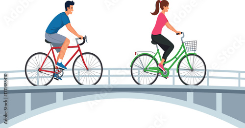Outdoor cycling on urban bridge, healthy lifestyle, active people riding bikes, summer commute, fitness activity, scenic route, transportation concept