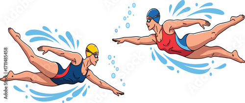 Underwater swimmers in motion, freestyle technique, competitive swimming, athletic form, blue water, bubbles, swim caps, goggles, sports training, fitness