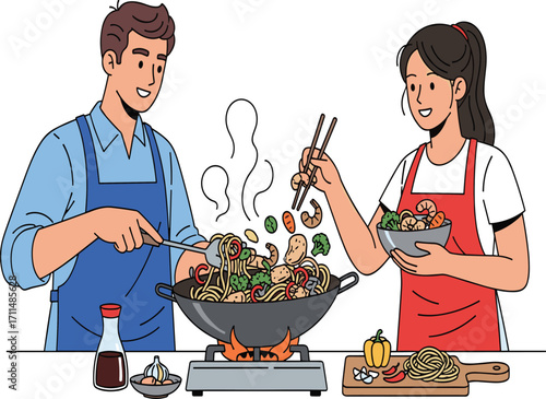 Asian cooking, teamwork, stir fry, wok, vegetables, shrimp, noodles, steam, kitchen, culinary, apron, chopsticks, food prep, gas stove, home cooking, 