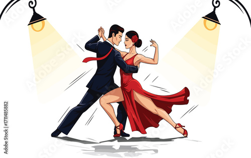 Tango dance, passionate couple, red dress, dramatic pose, spotlight stage, ballroom performance, elegant movement, romantic moment, dance illustration, artistic style