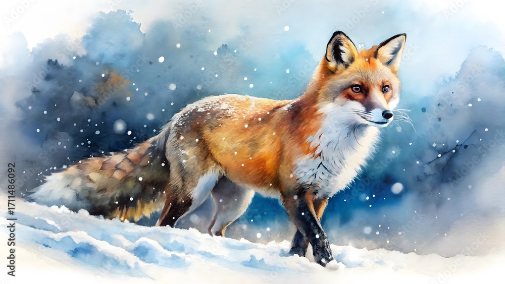 Obraz premium Watercolor painting of a red fox standing in the snow, surrounded by a winter wonderland landscape