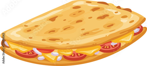 A cartoon illustration of a delicious quesadilla filled with melted cheese, fresh tomatoes, and onions, isolated on a white background.