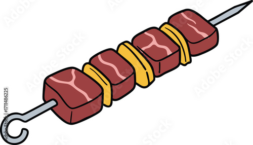 Beef and pineapple kebabs on a skewer.