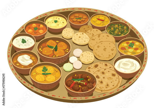 A vibrant 2D flat vector illustration showcases a delicious traditional Rajasthani thali, meticulously arranged with various authentic dishes on a clean white background.