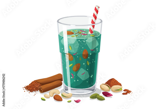 Rajasthan thandai traditional Indian drink, presented as a vibrant flat 2D vector illustration, stands refreshing on a clean white background.