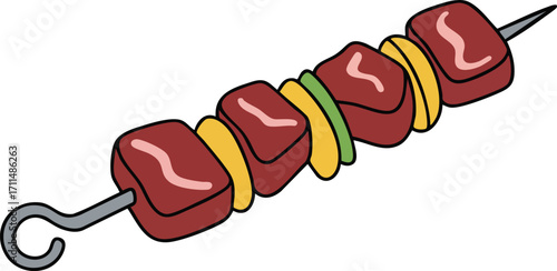 Cartoon illustration of a meat and vegetable shish kebab on a skewer.
