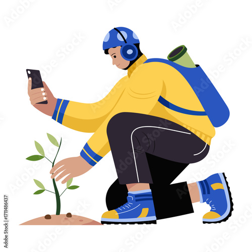 A flat style illustration showing a character planting tree  