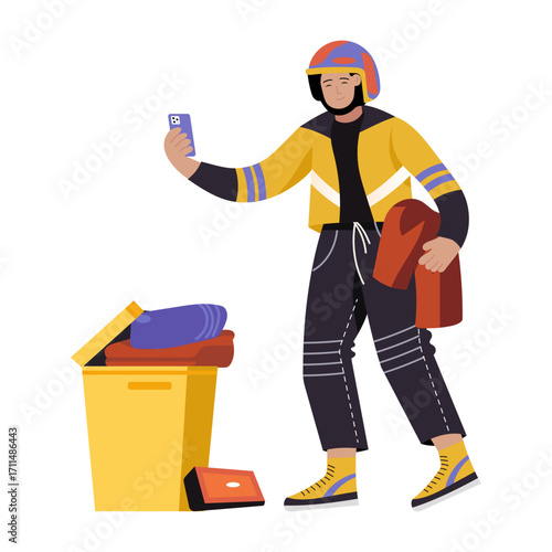 Flat style illustration depicting a character doing clothes donation
