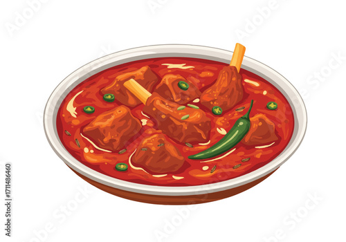 Rajasthan laal maas, a vibrant and spicy Indian curry, is presented as a clean 2D flat vector illustration against a pristine white background, showcasing its rich texture and appetizing appeal.