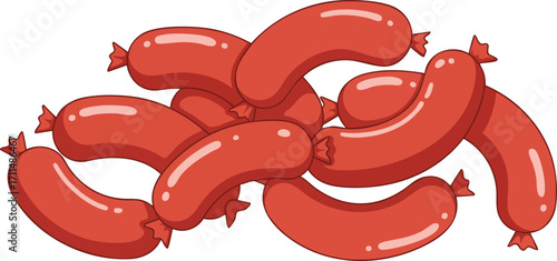 A pile of linked red sausages in a cartoon illustration style isolated on a white background.
