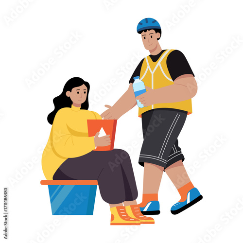 A flat style illustration showing a volunteer bringing water 