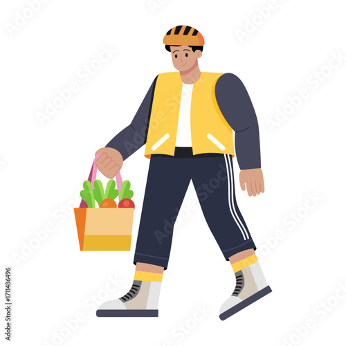 A flat style illustration showing a volunteer doing food donation 
