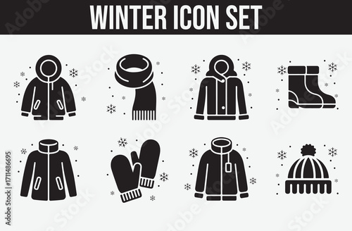  Vector Winter Clothes Icon Set with Line Style Editable Stroke Including Warm Jacket Hat Scarf Gloves Shoes Pants Socks Sweater and Fleece Jacket Isolated on White Background
