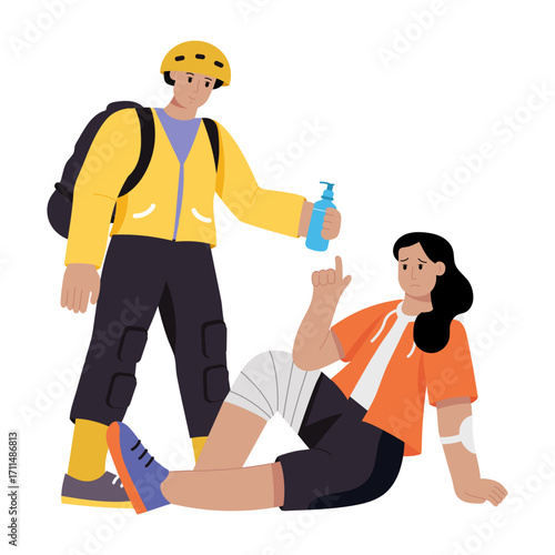 Flat illustration showing a character helping injured person 
