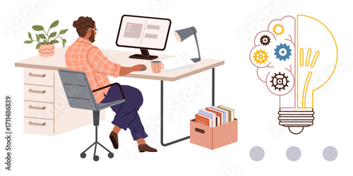 Person at desk using computer, coffee cup, and papers large lightbulb visual with gears symbolizing creativity, productivity, idea generation. Ideal for innovation, teamwork, brainstorming, workflow