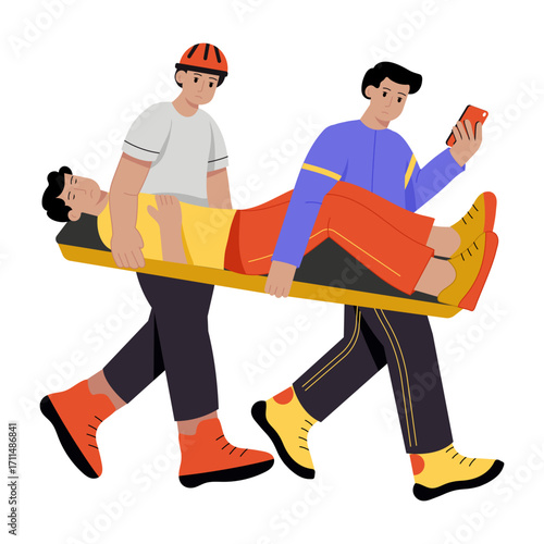 Flat style illustration depicting a rescue team carrying stretcher
