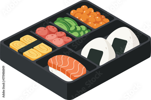 Bento box with sushi, rice balls, and other Japanese foods.