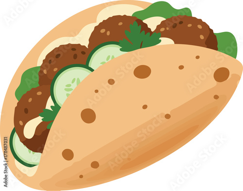Close-up shot of a delicious falafel wrap with fresh vegetables and creamy sauce.
