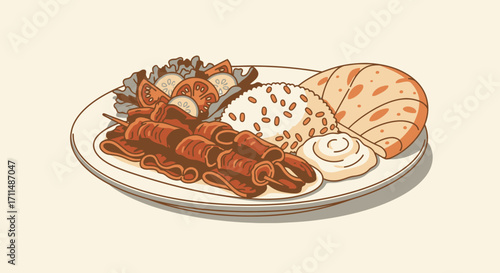 Delicious Middle Eastern Plate Featuring Grilled Meat Skewers, Rice with Raisins, Salad, Pita Bread, and Creamy Sauce, Ideal for Food Blogs or Restaurant Menus.