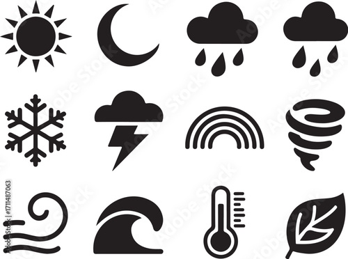 Weather icons forecast sun, moon, rain, and more