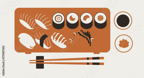 Minimalist Sushi Illustration Featuring Assorted Rolls and Nigiri on a Wooden Tray. Ideal for Asian Cuisine Promotion, Restaurant Menus, and Culinary Design Projects.