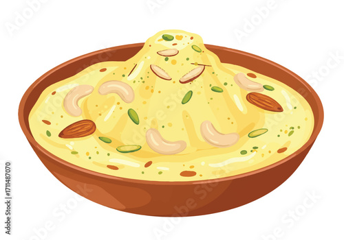 Delicious 2D flat vector illustration of traditional Indian Rajasthan rabri sweet dessert, featuring its creamy texture and authentic appeal on a pristine white background.