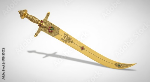 Ornate golden curved sword with intricate carvings and gemstone embellishments, isolated on white background
