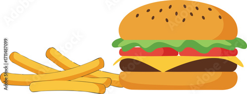 Cartoon illustration of a cheeseburger with lettuce and tomato, accompanied by a side of golden french fries.