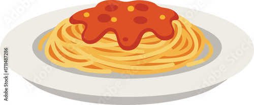 A plate of spaghetti with tomato sauce on top, cartoon style.