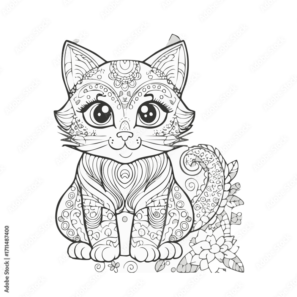 Obraz premium Intricate Black and White Line Art of a Cat, Detailed Floral Cat Illustration, Cute Animal Design