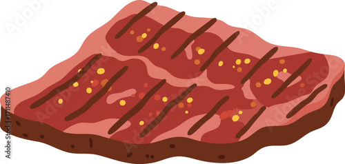A close-up illustration of a grilled steak seasoned with spices, showing distinct grill marks and marbling.