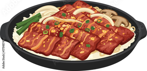 A delicious serving of grilled marinated meat with onions, green beans, and mushrooms over noodles in a black pan.