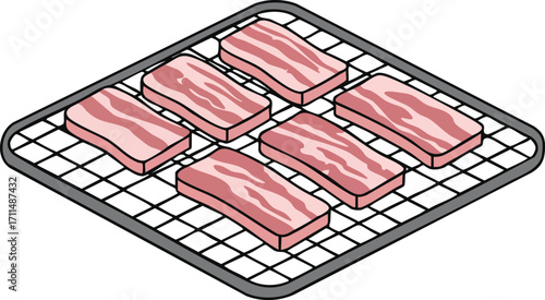 Close-up view of raw pork belly slices arranged on a wire rack, ready for cooking.