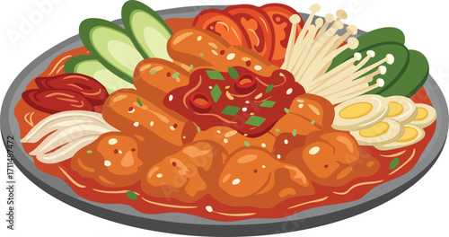 Korean Army Stew (Budae Jjigae) with sausage, tofu, vegetables, and egg.
