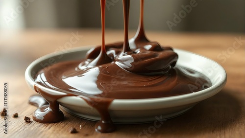 Dark liquid chocolate drips into a plate, ready for a delicious dessert