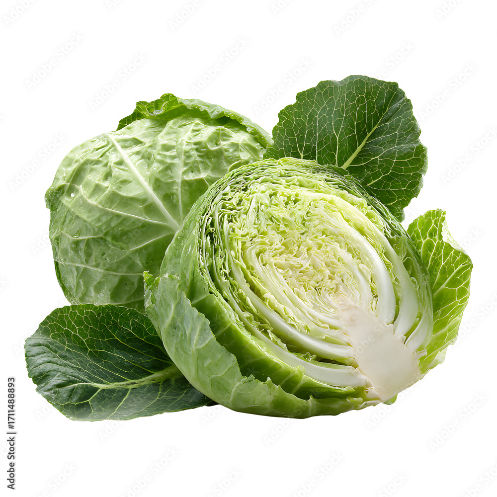 Obraz premium Fresh green cabbage with leaves isolated on transparent background