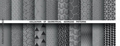 Geometric set of seamless black and gray patterns. Simple vector graphics