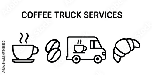 Coffee truck services icon set with cup, beans, vehicle, croissant