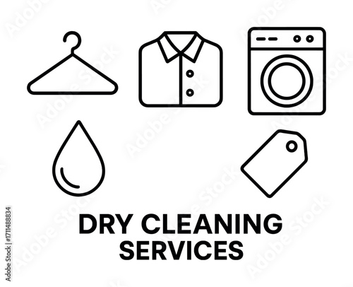 Dry cleaning services icon set: hanger, shirt, washer, water drop, tag