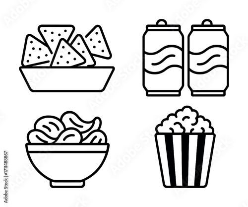 Snack icons: nachos, sodas, mixed nuts, and popcorn
