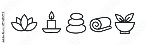 Spa and relaxation symbols: flower, candle, stones, towel, plant outline icons