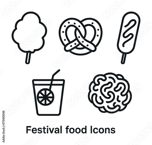 Festival food icons: cotton candy, pretzel, popsicle, lemonade, popcorn