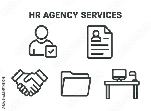 Hr agency services icon set: employment, recruitment, administrative, business, solutions